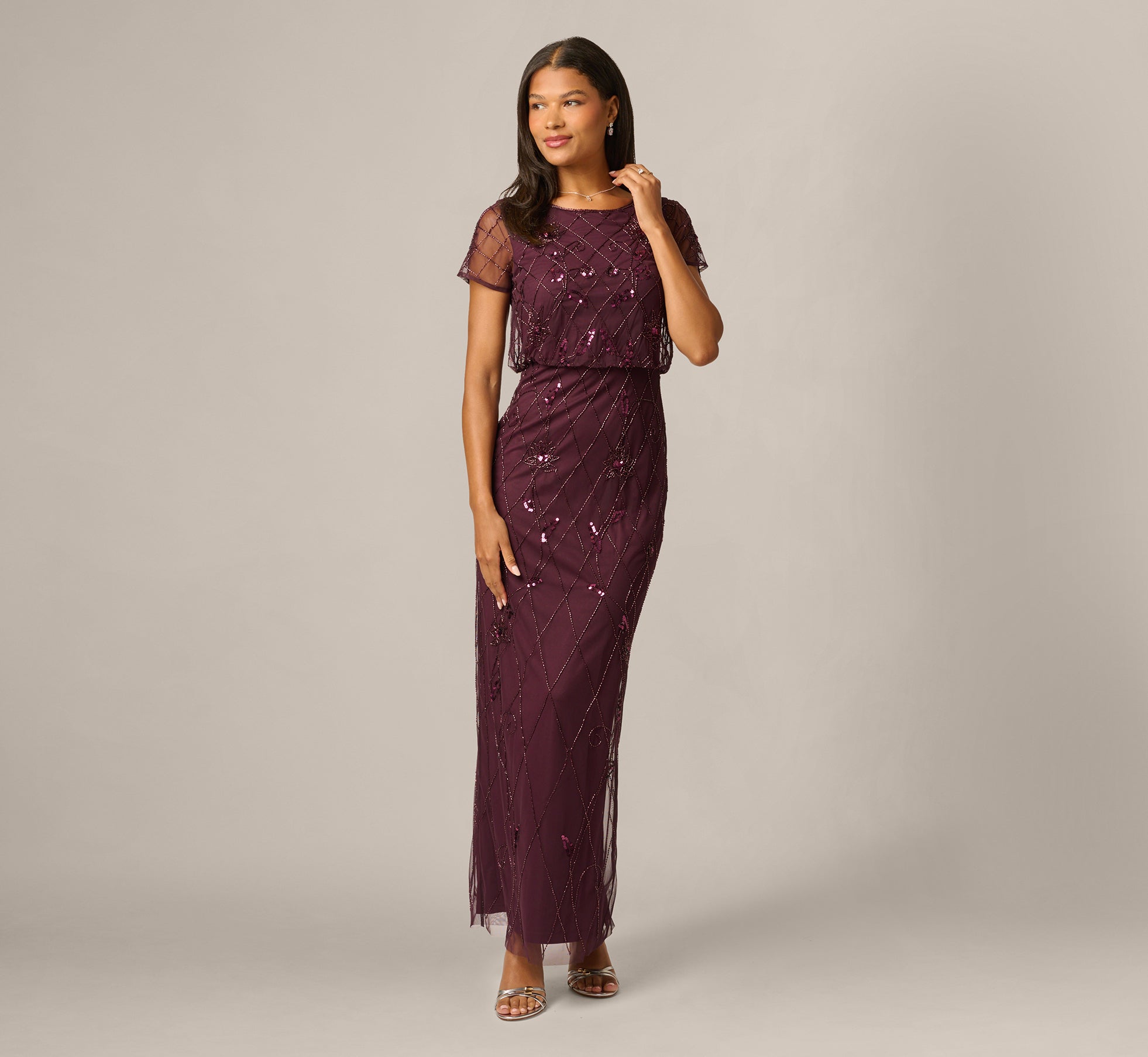 Short Sleeve Lattice Floral Beaded Blouson Gown In Night Plum 1
