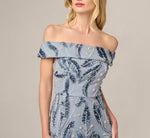 Off Shoulder Beaded Leaf Soutache Ankle Length Dress In Blue Multi 3