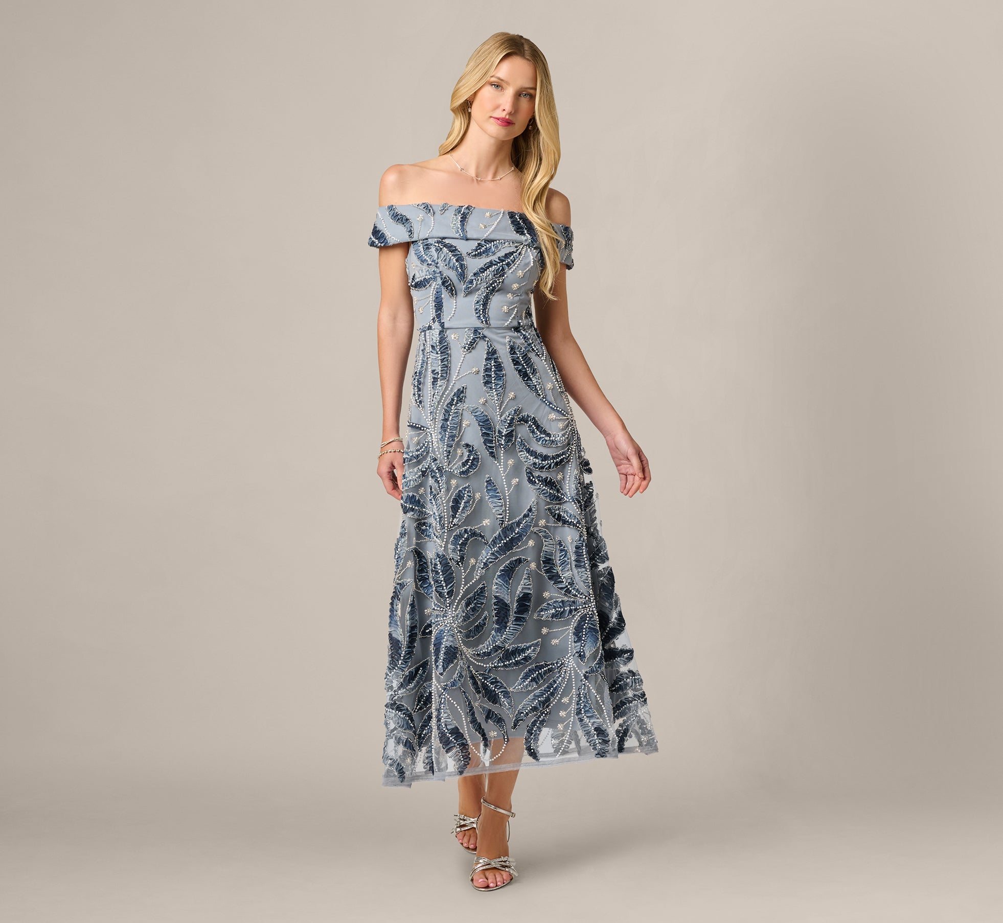 Off Shoulder Beaded Leaf Soutache Ankle Length Dress In Blue Multi 1