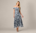 Off Shoulder Beaded Leaf Soutache Ankle Length Dress In Blue Multi 1