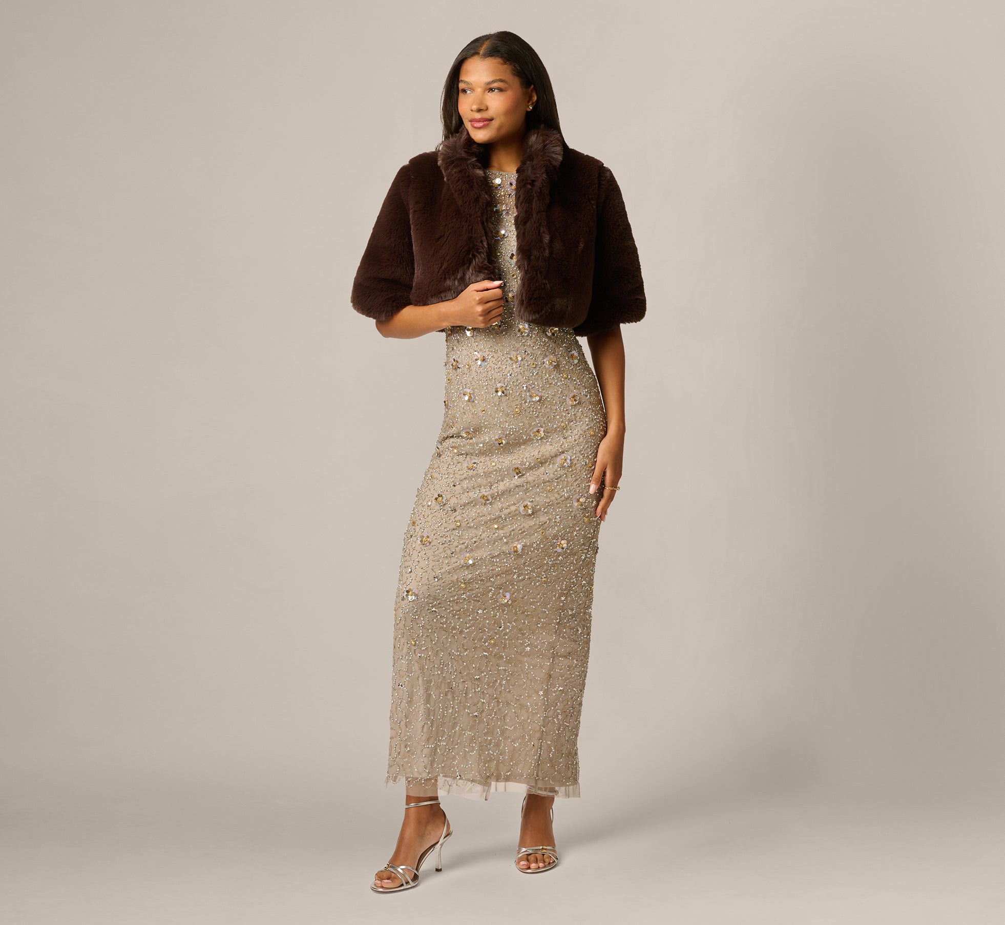 Short Sleeve Faux Fur Coverup Jacket In Dark Brown 1