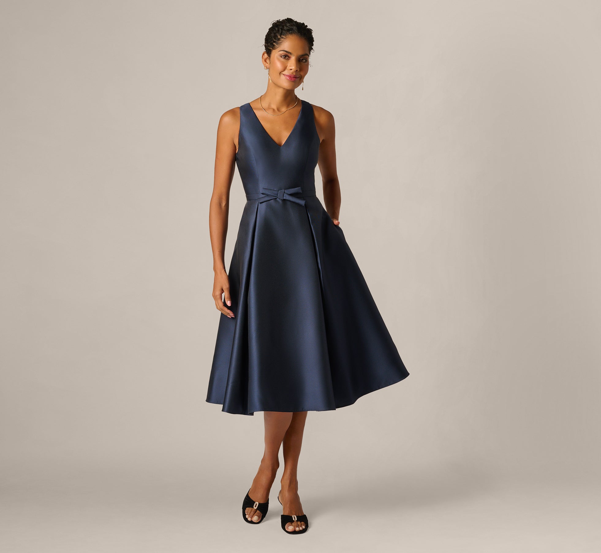 Mikado Bow Waist Fit And Flare Midi Dress In Midnight, Midnight / Regular / 0