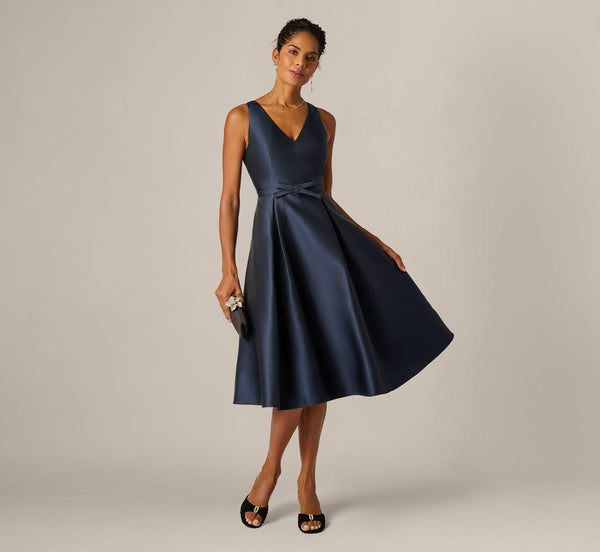 Mikado Bow Waist Fit And Flare Midi Dress In Midnight, Midnight / Regular / 0
