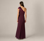 One Shoulder Satin Bow Crepe Gown In Bordeaux Glow 6