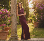 One Shoulder Satin Bow Crepe Gown In Bordeaux Glow 1