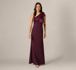 One Shoulder Satin Bow Crepe Gown In Bordeaux Glow 3