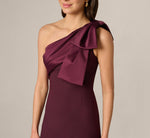 One Shoulder Satin Bow Crepe Gown In Bordeaux Glow 4