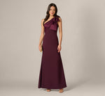 One Shoulder Satin Bow Crepe Gown In Bordeaux Glow 2