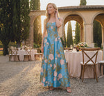 Drop Waist Square Neck Floral Ballgown In Blue Multi 1