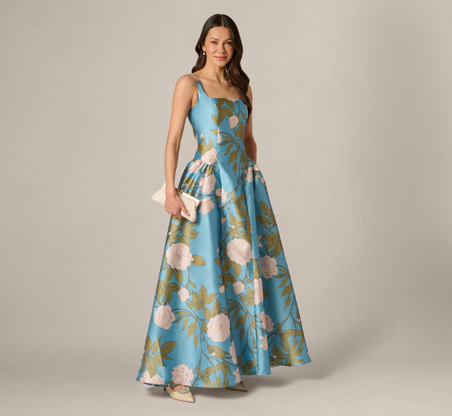 Drop Waist Square Neck Floral Ballgown In Blue Multi - Adrianna Papell Drop Waist Square Neck Floral Ballgown In Blue Multi - Adrianna Papell