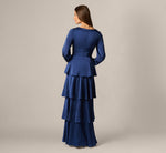 Long Sleeve Satin Tiered Gown In Navy Sateen 6