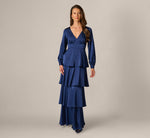 Long Sleeve Satin Tiered Gown In Navy Sateen 3
