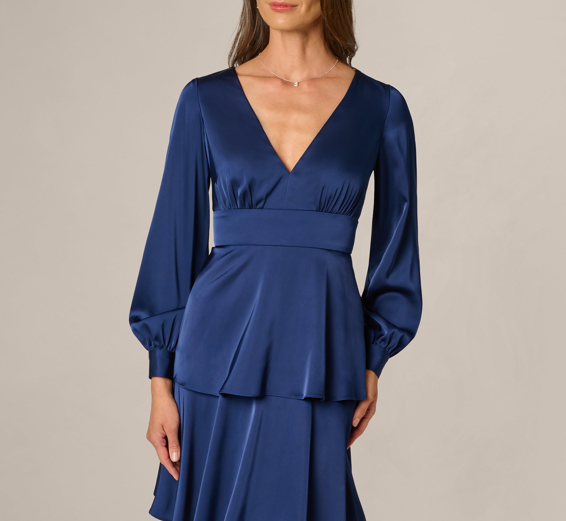 fitted lace wedding dress Long-Sleeve Ruched Jersey Formal Dress with Sheer Lace Navy / 12