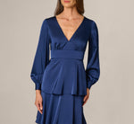 Long Sleeve Satin Tiered Gown In Navy Sateen 4