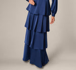 Long Sleeve Satin Tiered Gown In Navy Sateen 5