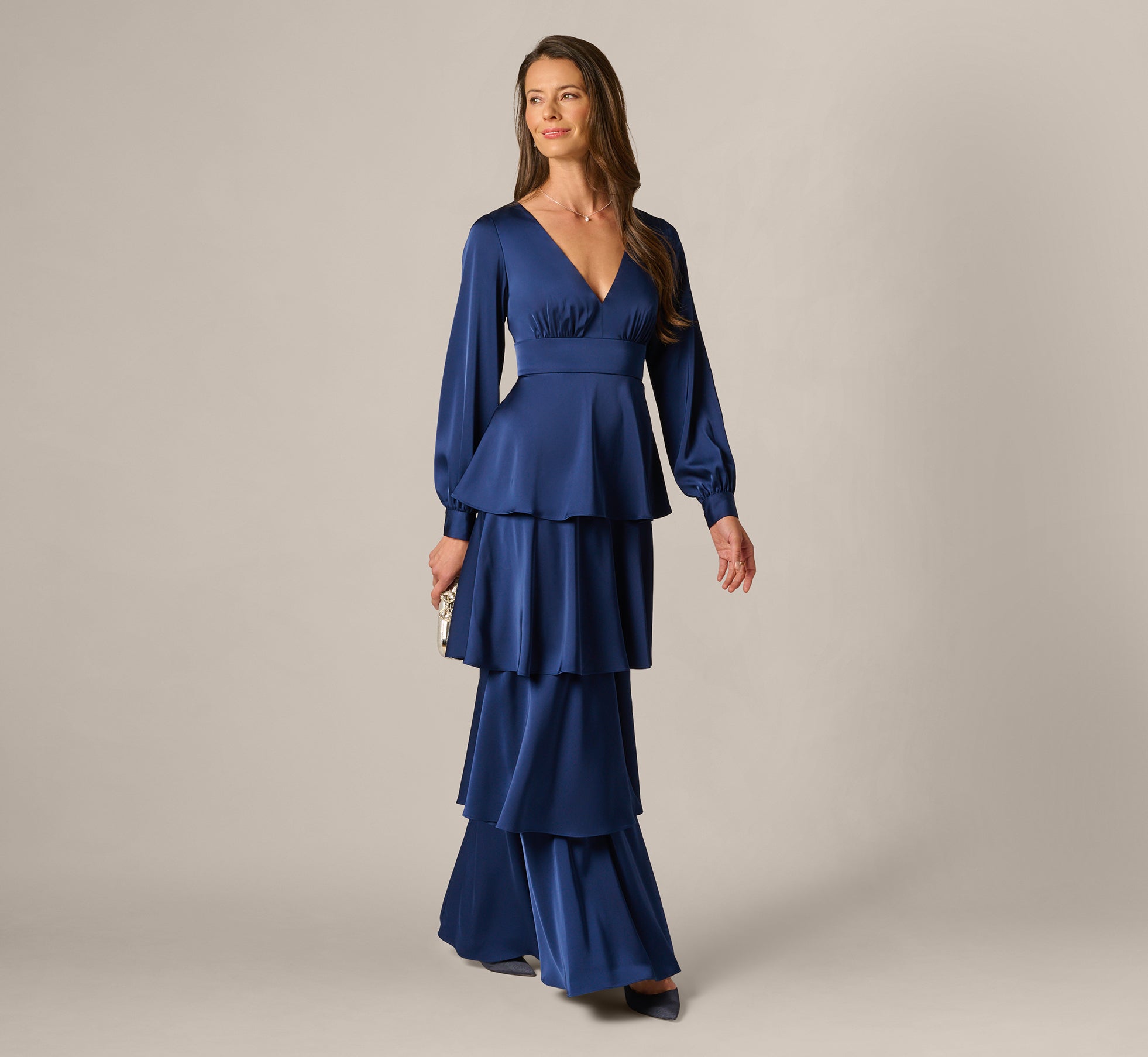 Navy Long Sleeve Satin Tiered Gown