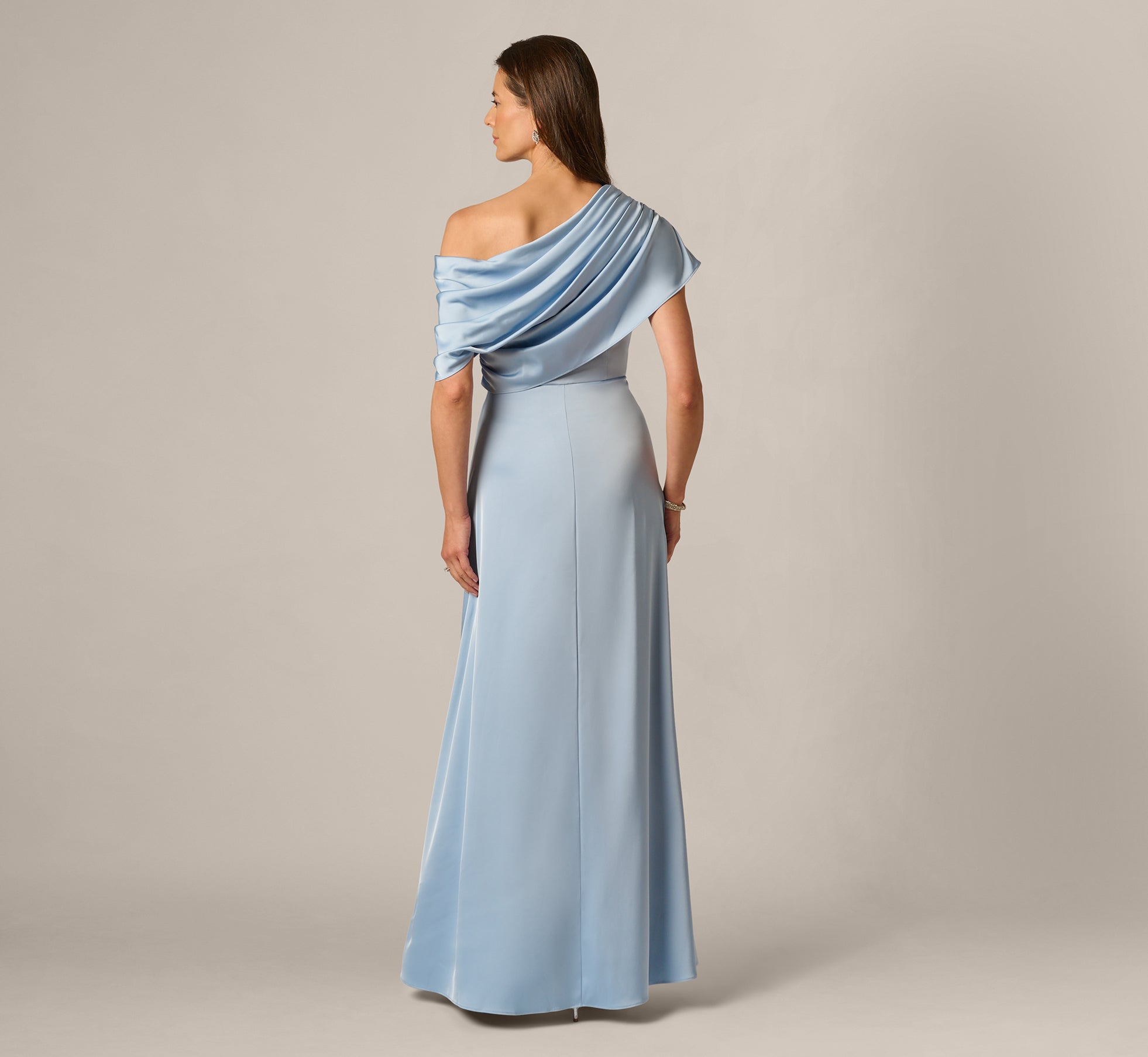 Blue Asymmetrical Draped Neck Stretch Satin Gown - Adrianna Papell