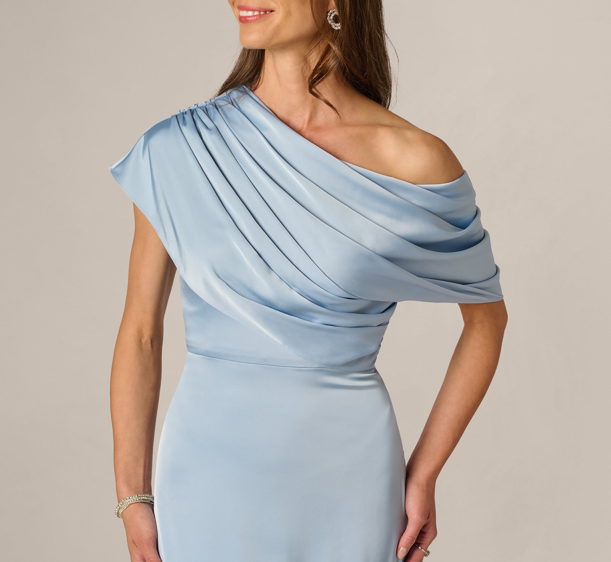 Blue Asymmetrical Draped Neck Stretch Satin Gown