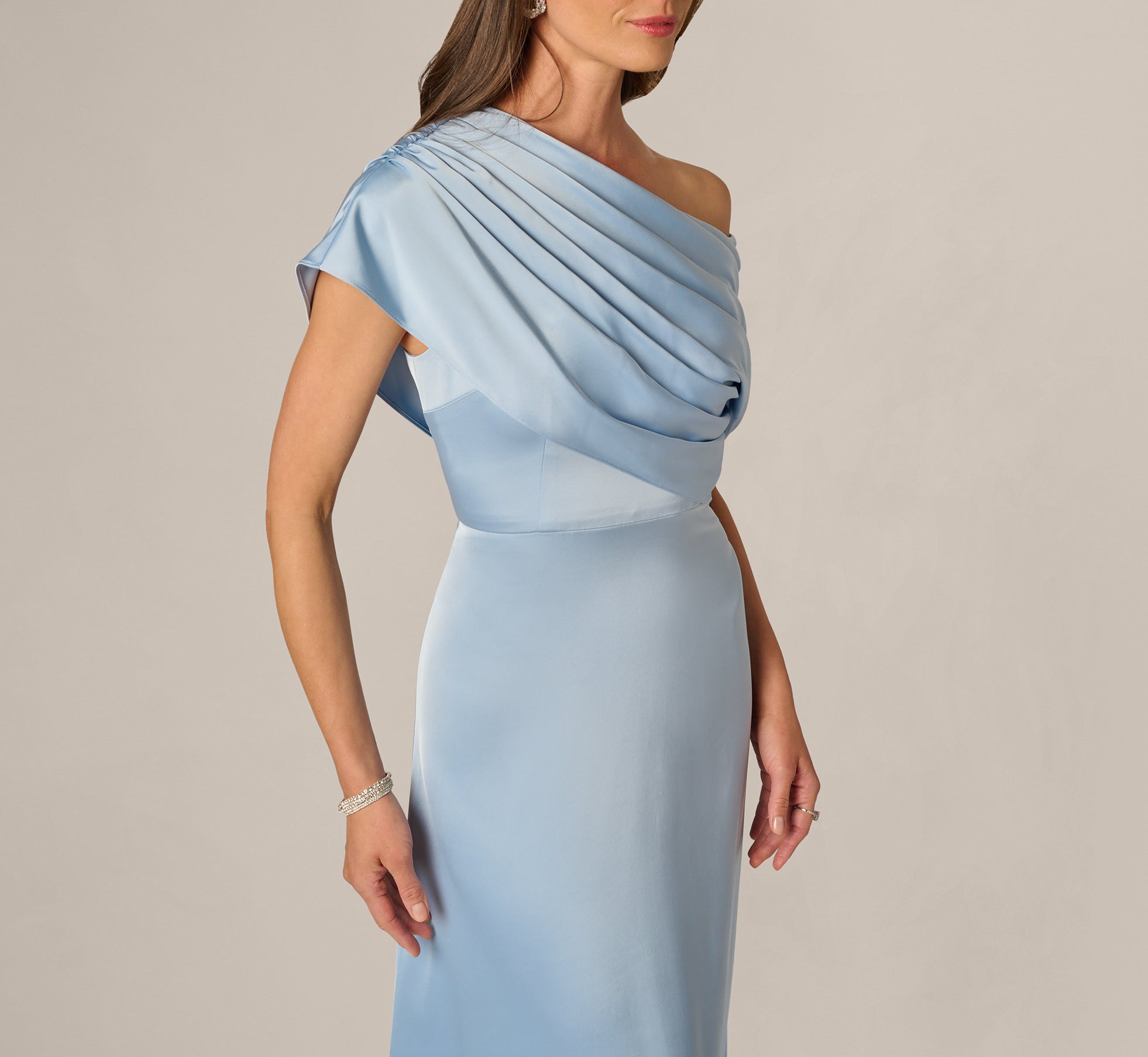 Blue Asymmetrical Draped Neck Stretch Satin Gown - Adrianna Papell
