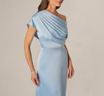 Asymmetrical Draped Neck Stretch Satin Gown In Elegant Sky 4