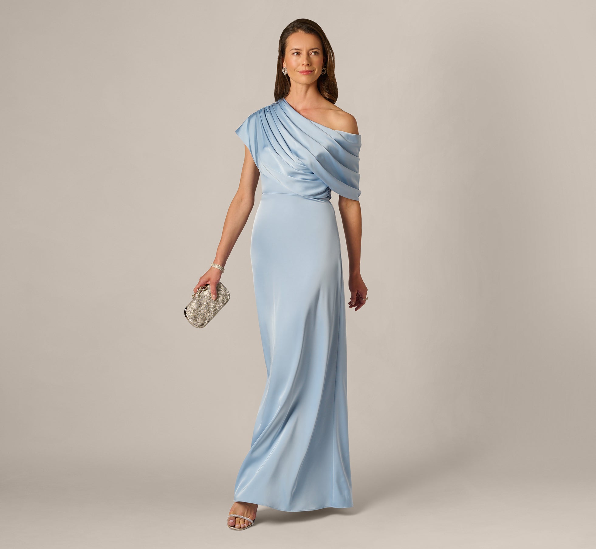 Asymmetrical Draped Neck Stretch Satin Gown In Elegant Sky 1