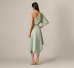 Asymmetrical Draped Stretch Satin Midi Dress In Icy Sage 6