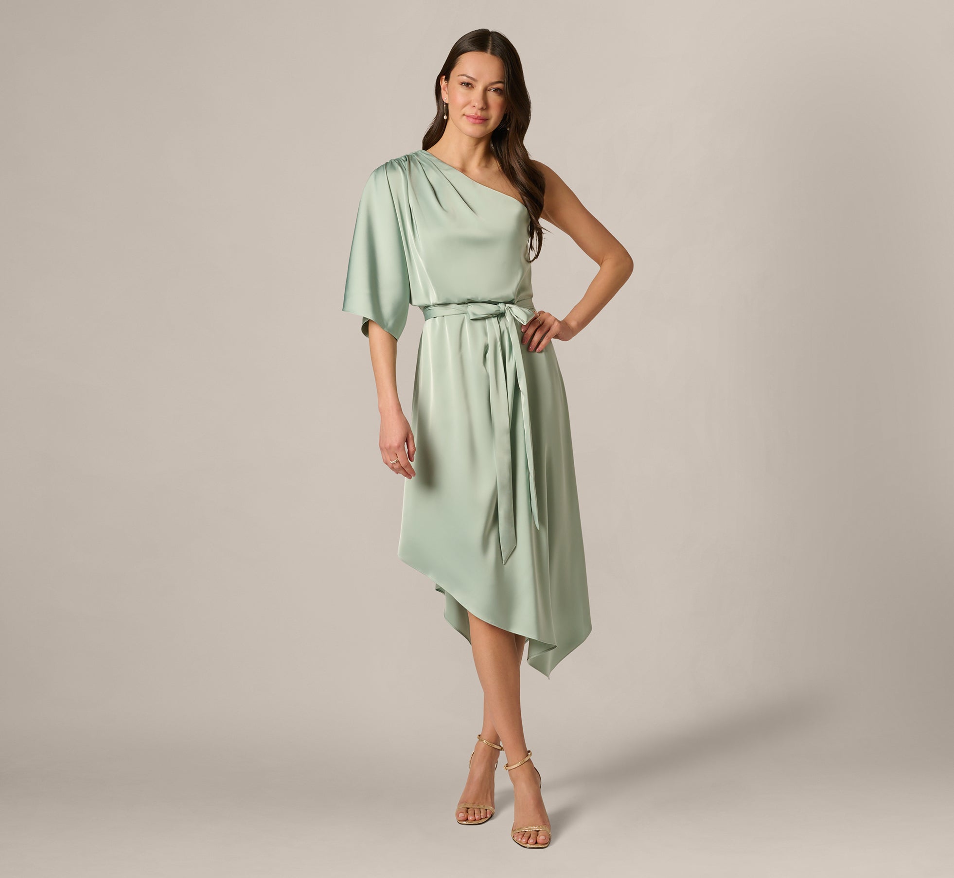 peacocks women's asymmetrical drape midi dress product info and reviews Green Asymmetrical Draped Stretch Satin Midi Dress