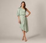 Asymmetrical Draped Stretch Satin Midi Dress In Icy Sage 3