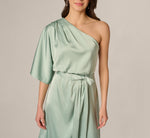 Asymmetrical Draped Stretch Satin Midi Dress In Icy Sage 4