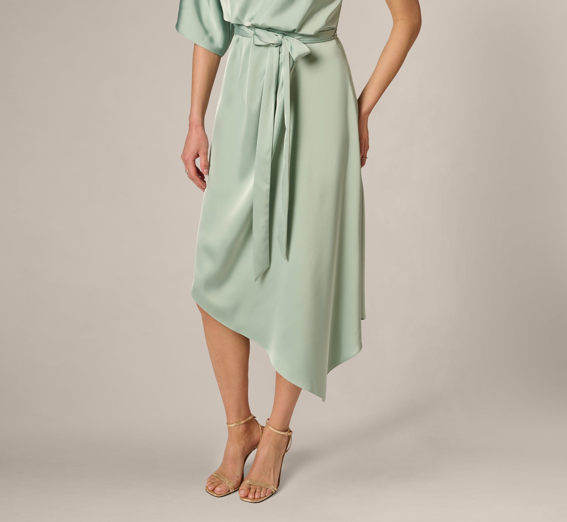 lillyanne formal satin asymmetrical midi dress Green Asymmetrical Draped Stretch Satin Midi Dress