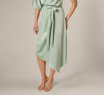 Asymmetrical Draped Stretch Satin Midi Dress In Icy Sage 5
