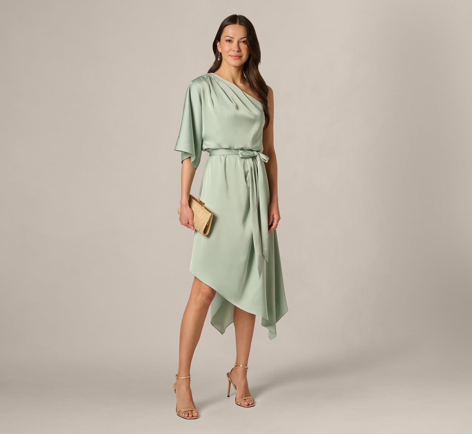 Green Asymmetrical Draped Stretch Satin Midi Dress
