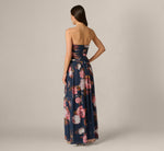 Strapless Ruched Floral Stretch Mesh Gown In Navy Multi 6