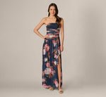 Strapless Ruched Floral Stretch Mesh Gown In Navy Multi 3