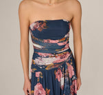 Strapless Ruched Floral Stretch Mesh Gown In Navy Multi 4