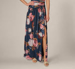 Strapless Ruched Floral Stretch Mesh Gown In Navy Multi 5