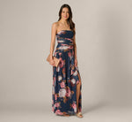 Strapless Ruched Floral Stretch Mesh Gown In Navy Multi 2