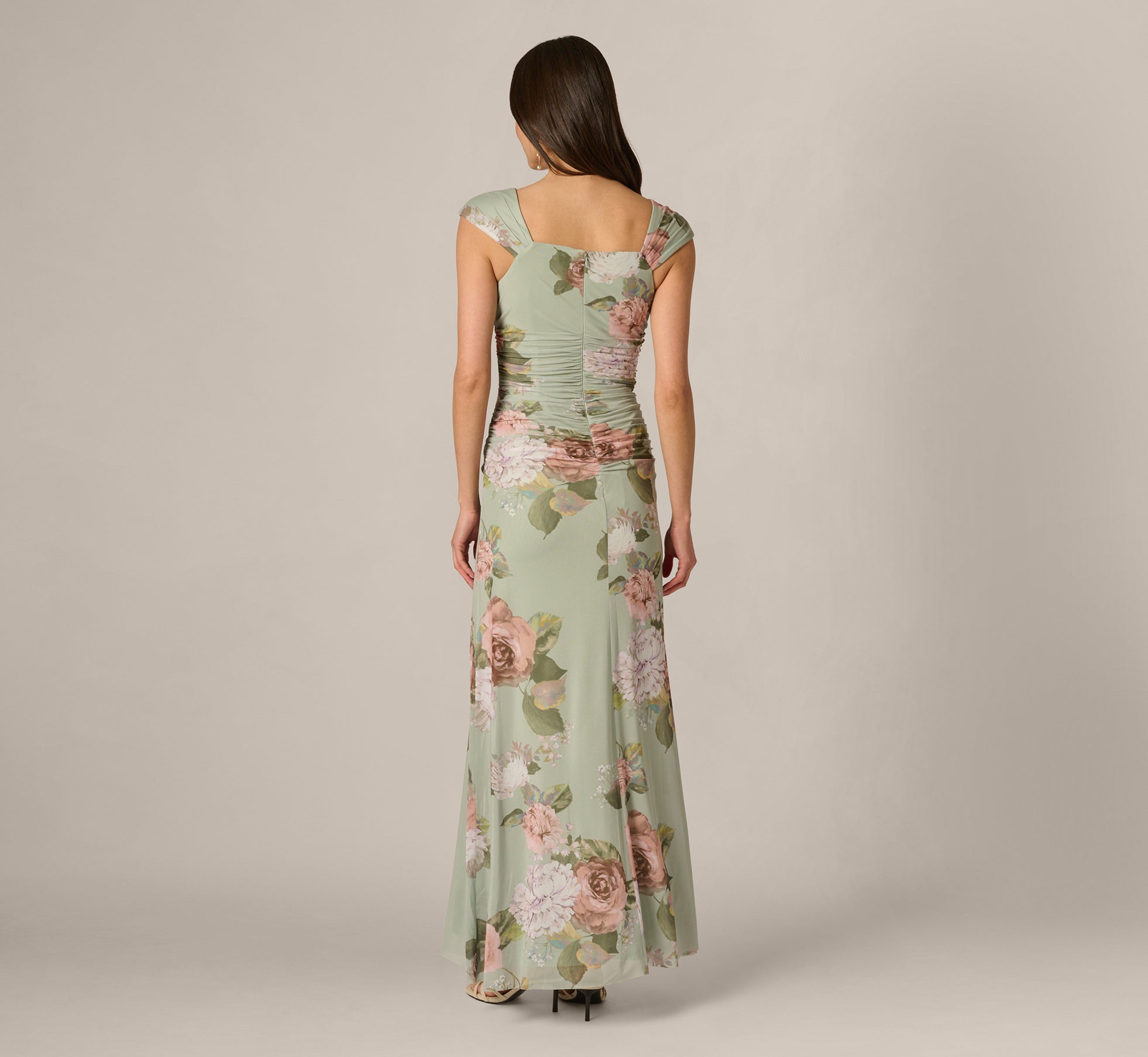 adrianna papell sage green dress Floral Print Stretch Mesh Ruched Gown flowing soft skirt Size:17 1/2 32/33 Slim cf-fit-traditional Army May Stop Issuing