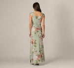 Floral Print Stretch Mesh Ruched Gown In Sage Multi 6