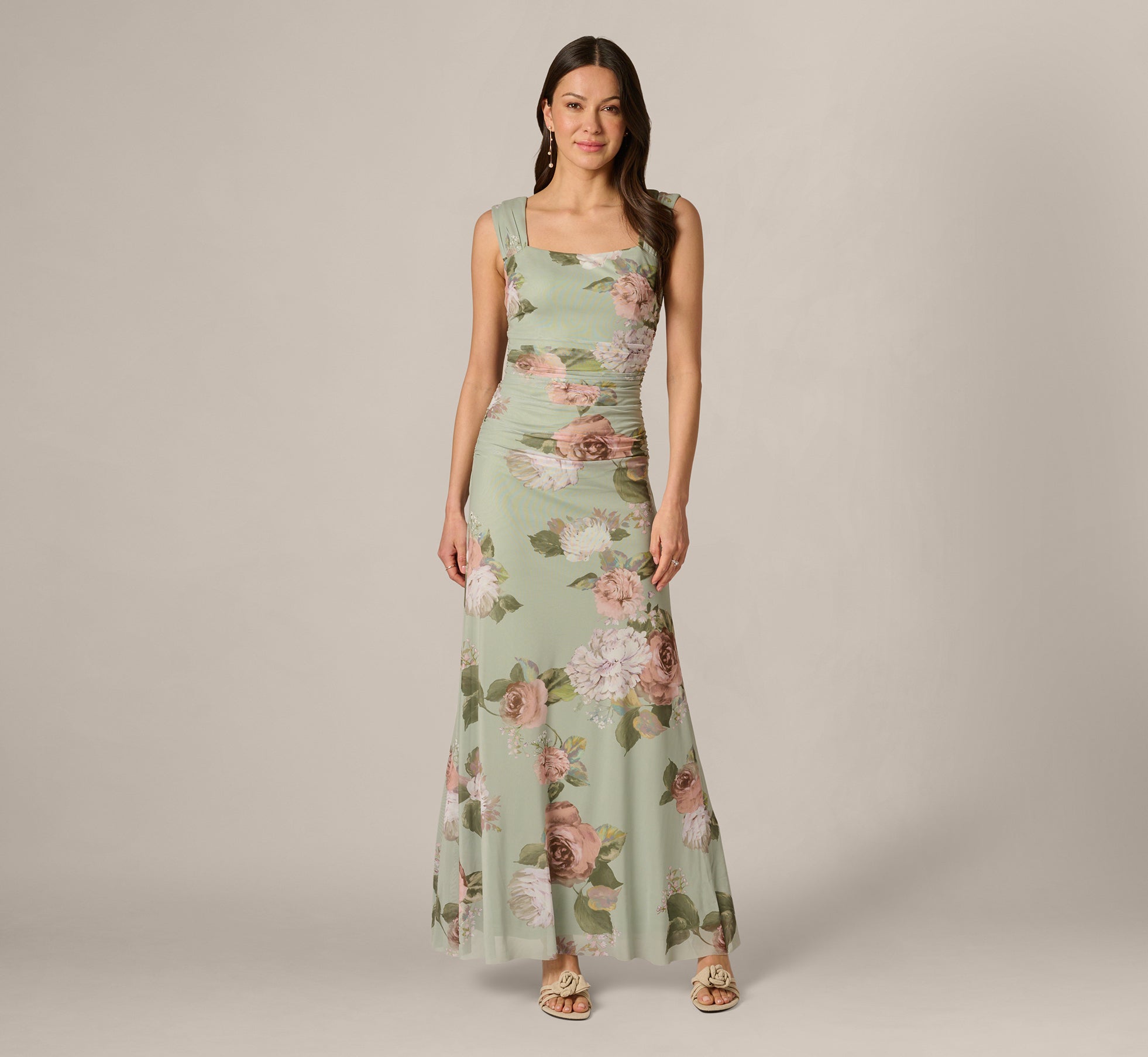Green Floral Print Stretch Mesh Ruched Gown