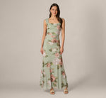 Floral Print Stretch Mesh Ruched Gown In Sage Multi 3