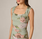 Floral Print Stretch Mesh Ruched Gown In Sage Multi 4