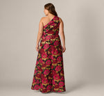 Plus Size One Shoulder Metallic Floral Jacquard Gown In Black Pink Multi 5