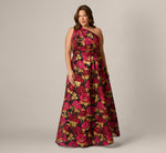 Plus Size One Shoulder Metallic Floral Jacquard Gown In Black Pink Multi 2