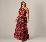 Plus Size One Shoulder Metallic Floral Jacquard Gown In Black Pink Multi 1