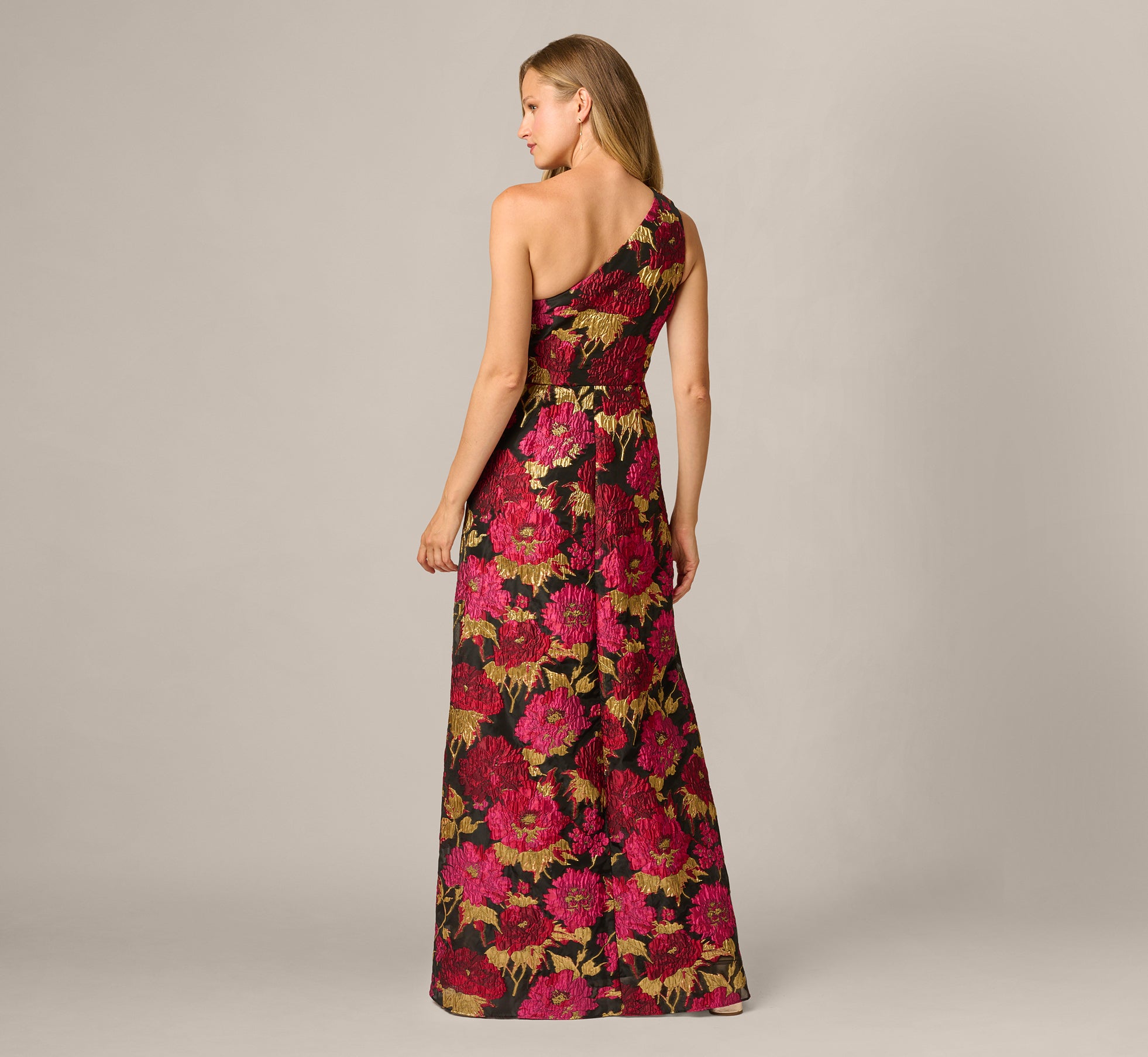 Multi Colored One Shoulder Metallic Floral Jacquard Gown