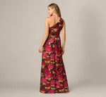 One Shoulder Metallic Floral Jacquard Gown In Black Pink Multi 5