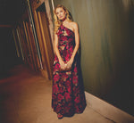 One Shoulder Metallic Floral Jacquard Gown In Black Pink Multi 1