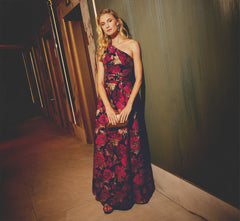 One Shoulder Metallic Floral Jacquard Gown In Black Pink Multi