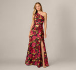One Shoulder Metallic Floral Jacquard Gown In Black Pink Multi 2